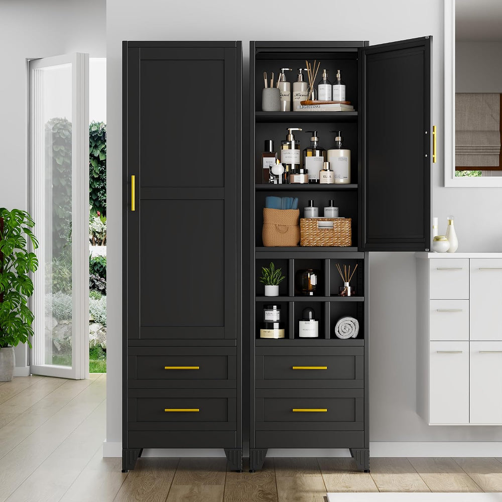 67" Tall Narrow Metal Storage Cabinet, Freestanding Pantry Organizer, Bl...