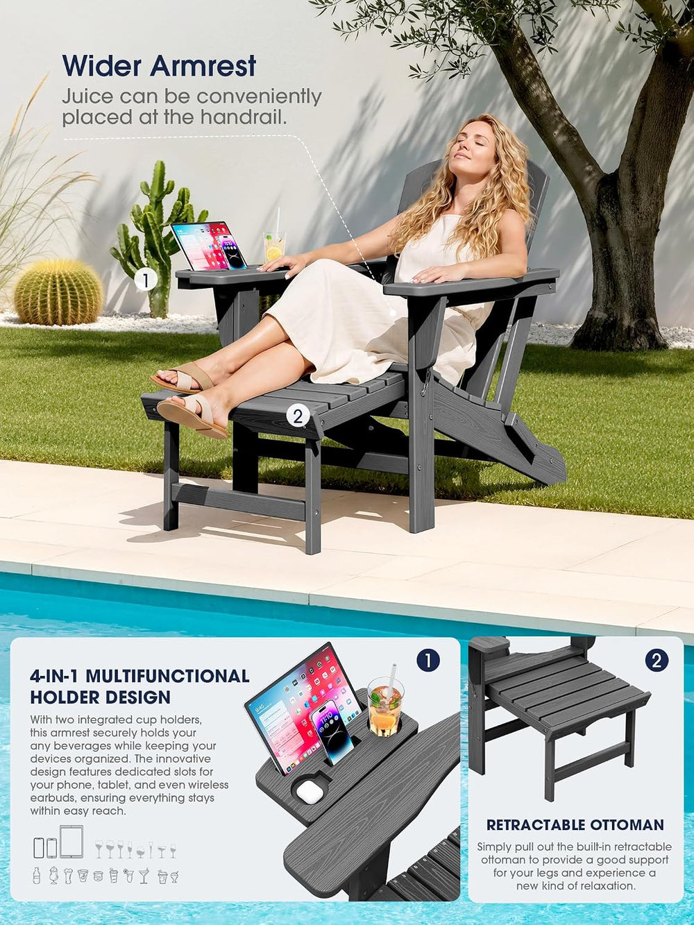 KINGYES Adjustable Folding Adirondack Chair with Footrest & 4-in-1 Multi-...