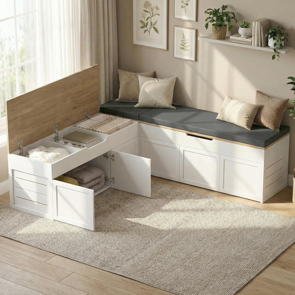 Kikihouse L-Shaped Corner Storage Bench with Cushion, Backless Wood Bench wit...