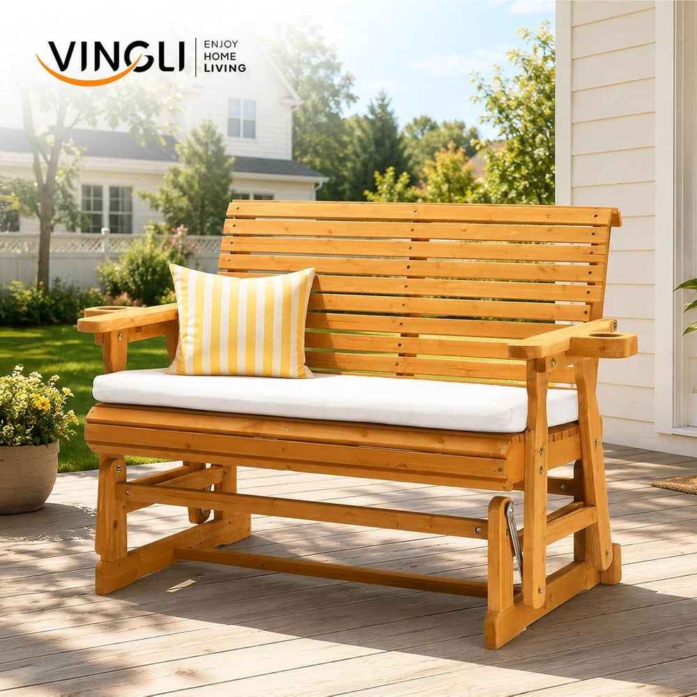 VINGLI Wooden Patio Glider with Cushion, Heavy Duty 800 LBS Outdoor Glider wi...