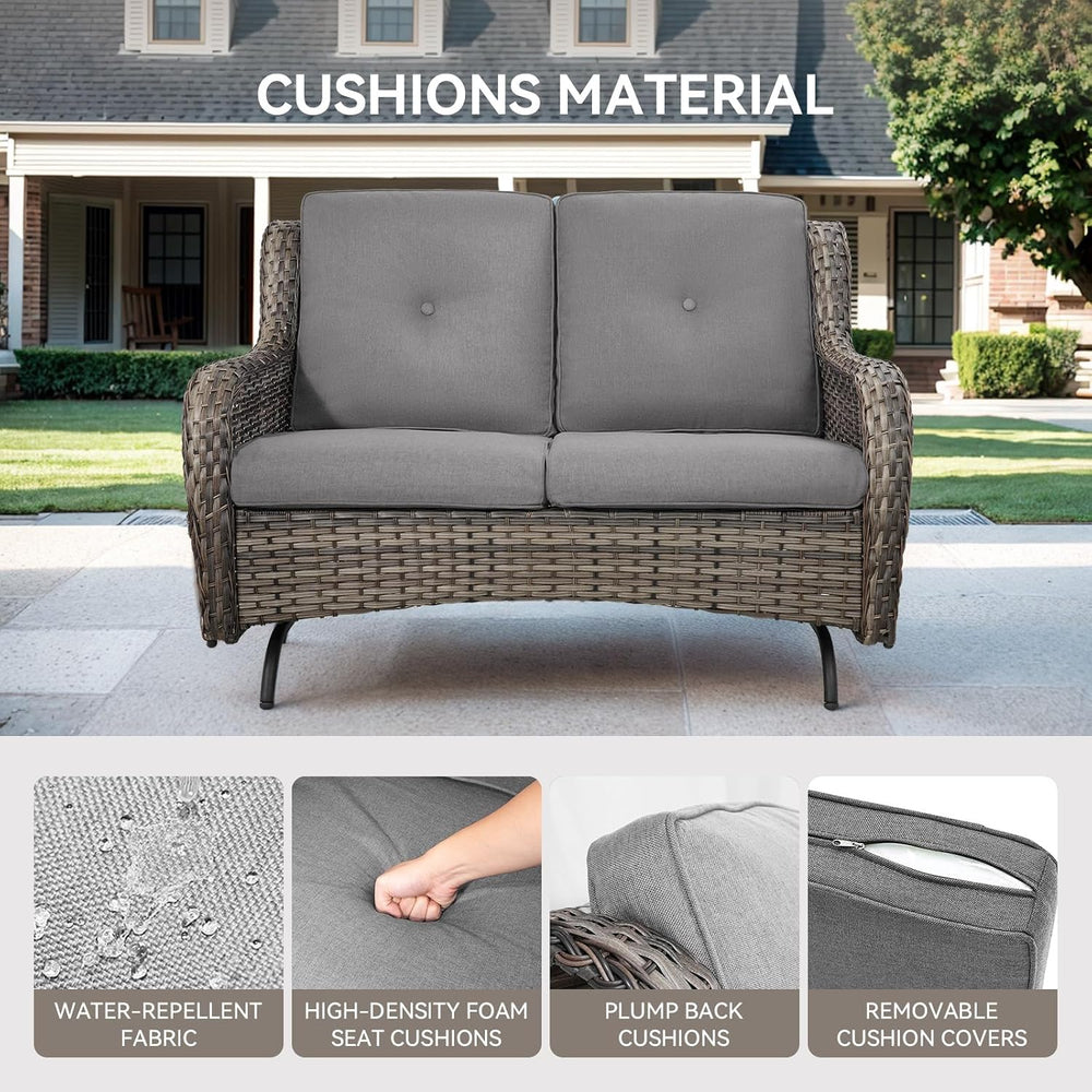 Patio Loveseat Wicker Loveseat Rattan Glider Sofa with Curved Armrest Thickin...