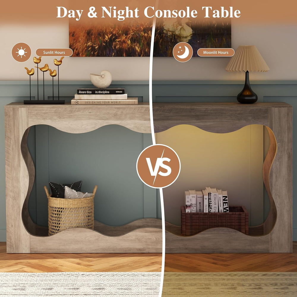 Vongrasig 63-Inch Farmhouse Entryway Table with Light Strips, Scalloped Conso...