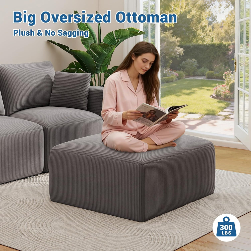 40" Oversized Square Corduroy Ottoman, Large Ottoman Pouf Footstool, Gre...