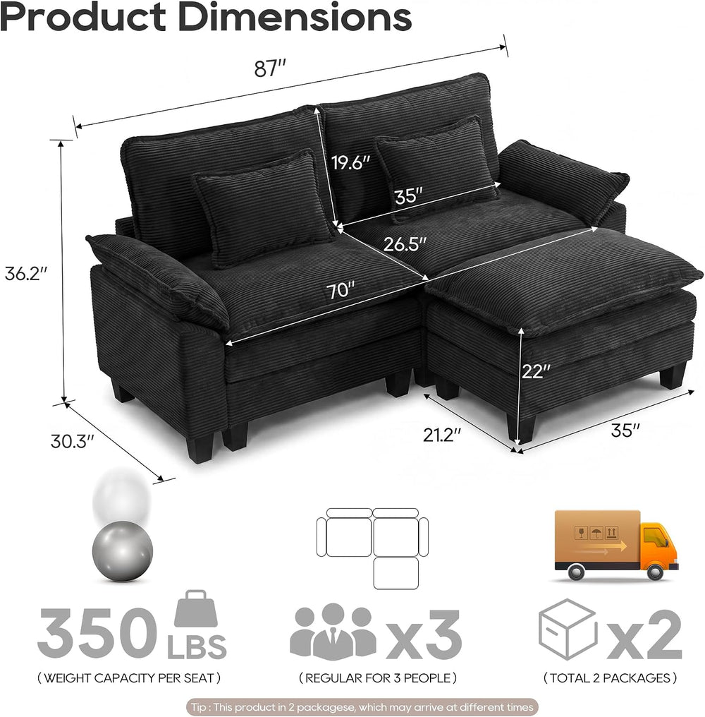 URRED Oversized Modular Sectional Sofa,Solid Black:87" L Shaped