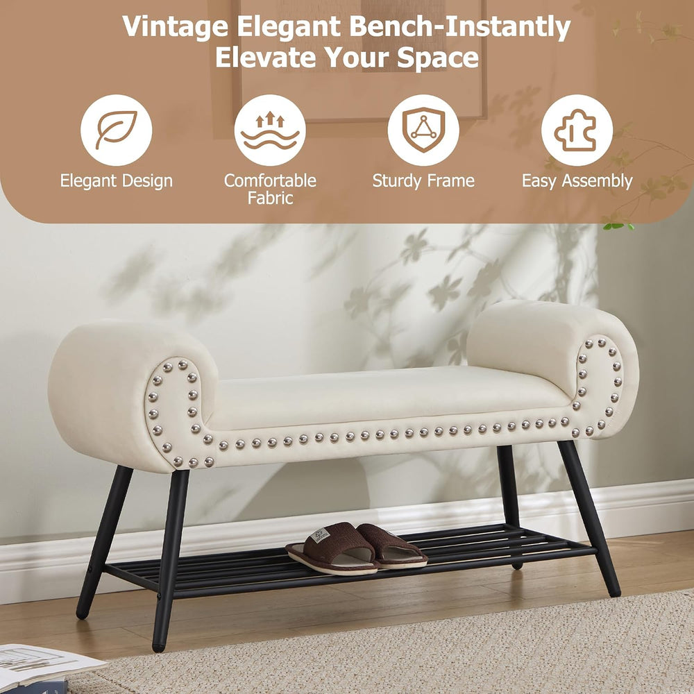 45" Upholstered Storage Shoe Bench, Velvet Fabric End of Bed Bench with ...