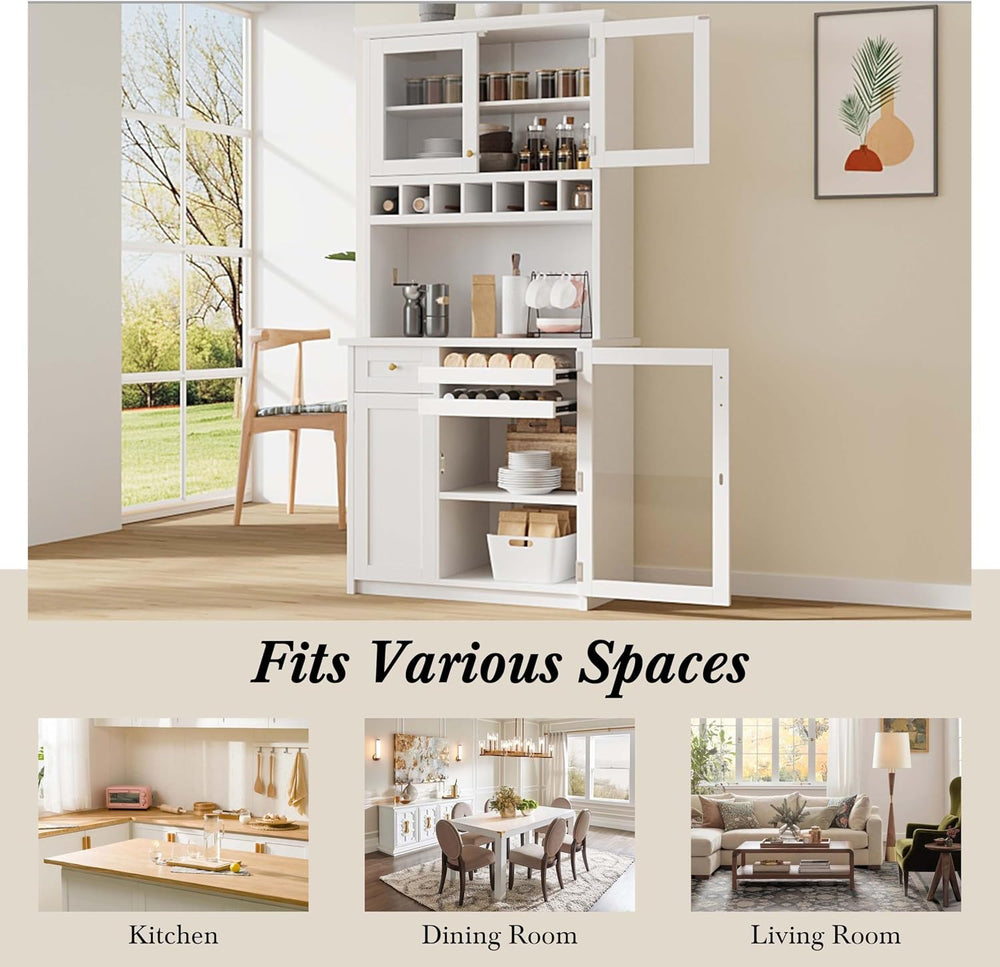 35” Wide Kitchen Hutch with Countertop, Farmhouse Pantry Cabinet with Microwa...