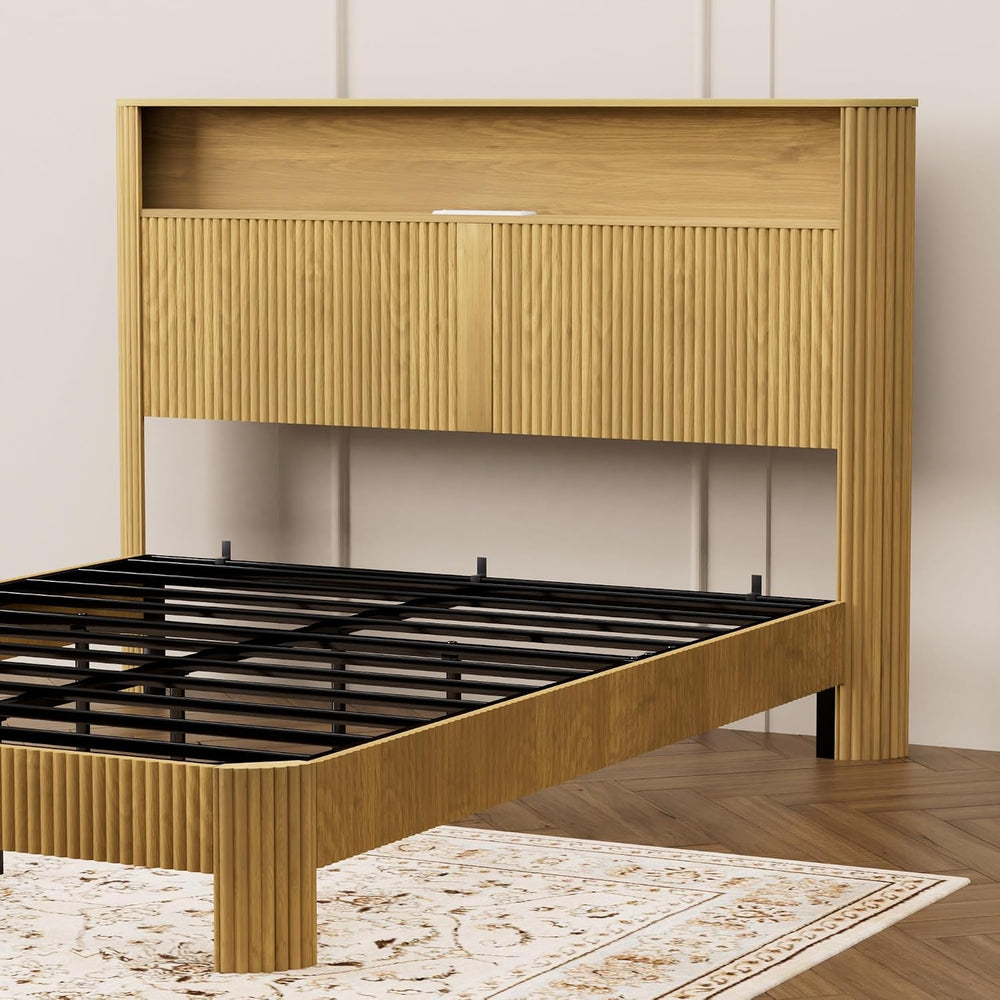 Peanu Queen Bed Frame, Storage Headboard, Charging Station, Silent, Natural