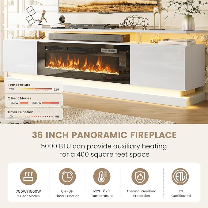 70" Fireplace TV Stand, Modern Entertainment Center for TVs Up to 80&quo...