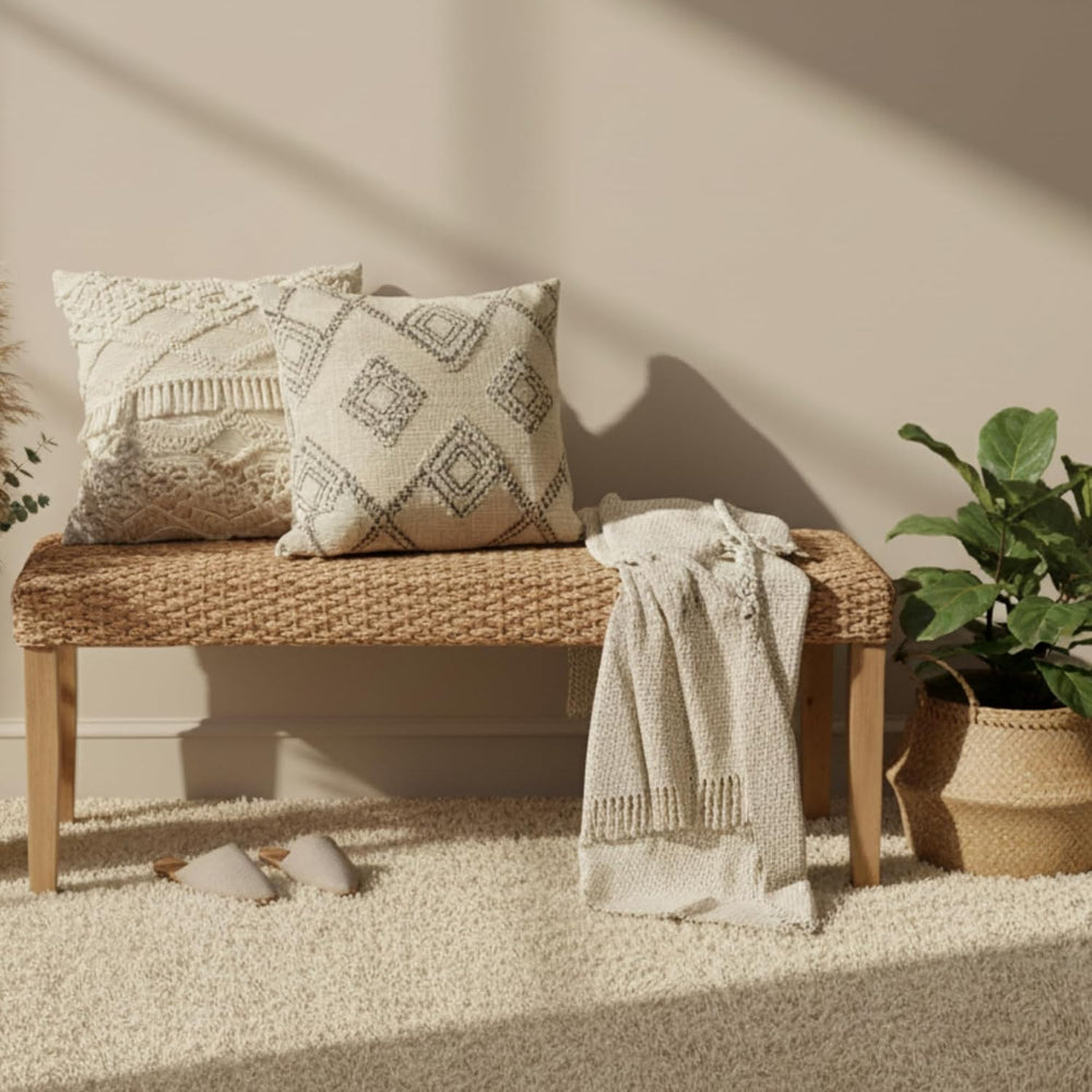 Indoor Wicker Bench 47" Solid Wood Acacia & Natural Woven Seat, Natu...