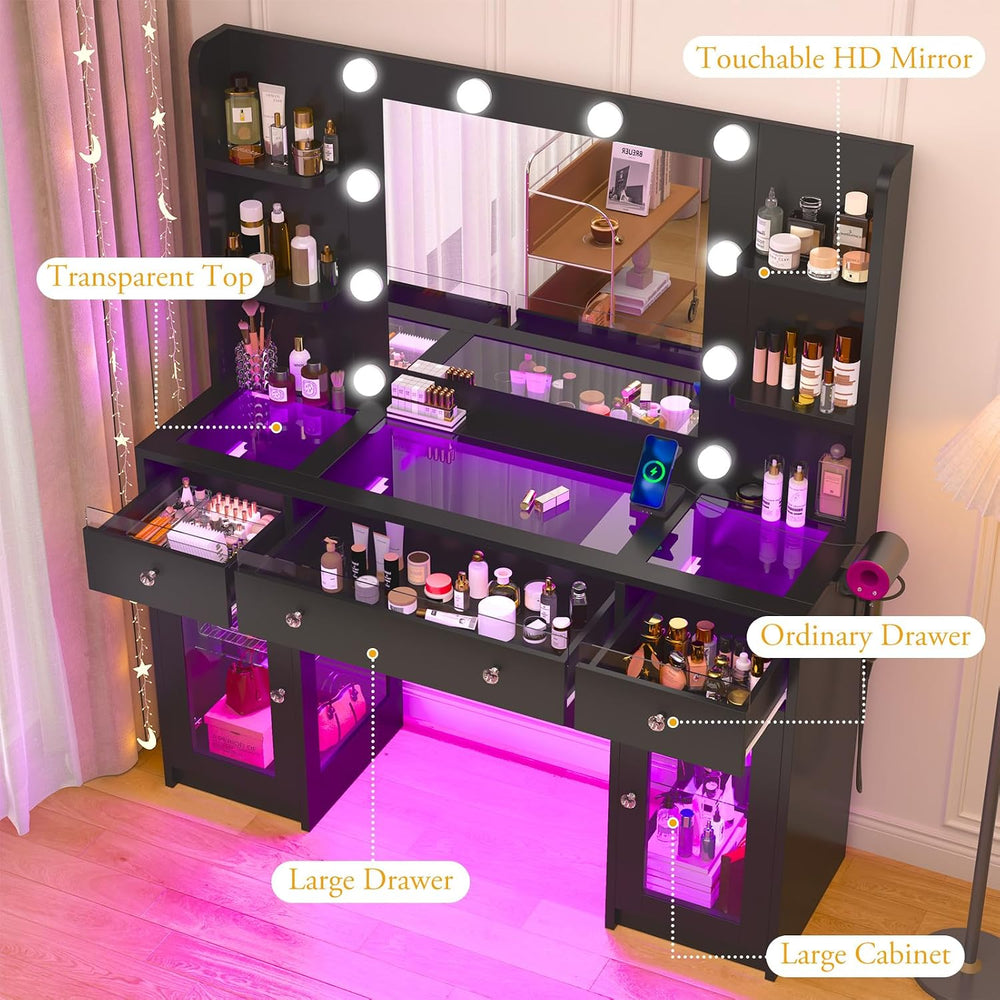 Vanity Desk W/6000-Colors Light&Power Outlet,Makeup Vanity Desk W/LED Mir...