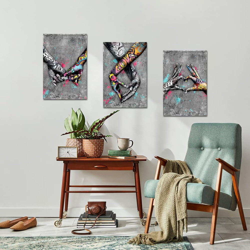 Canvas Set of 3 Street Art Gesture Heart Graffiti Art Canvas Oil Painting Lov...