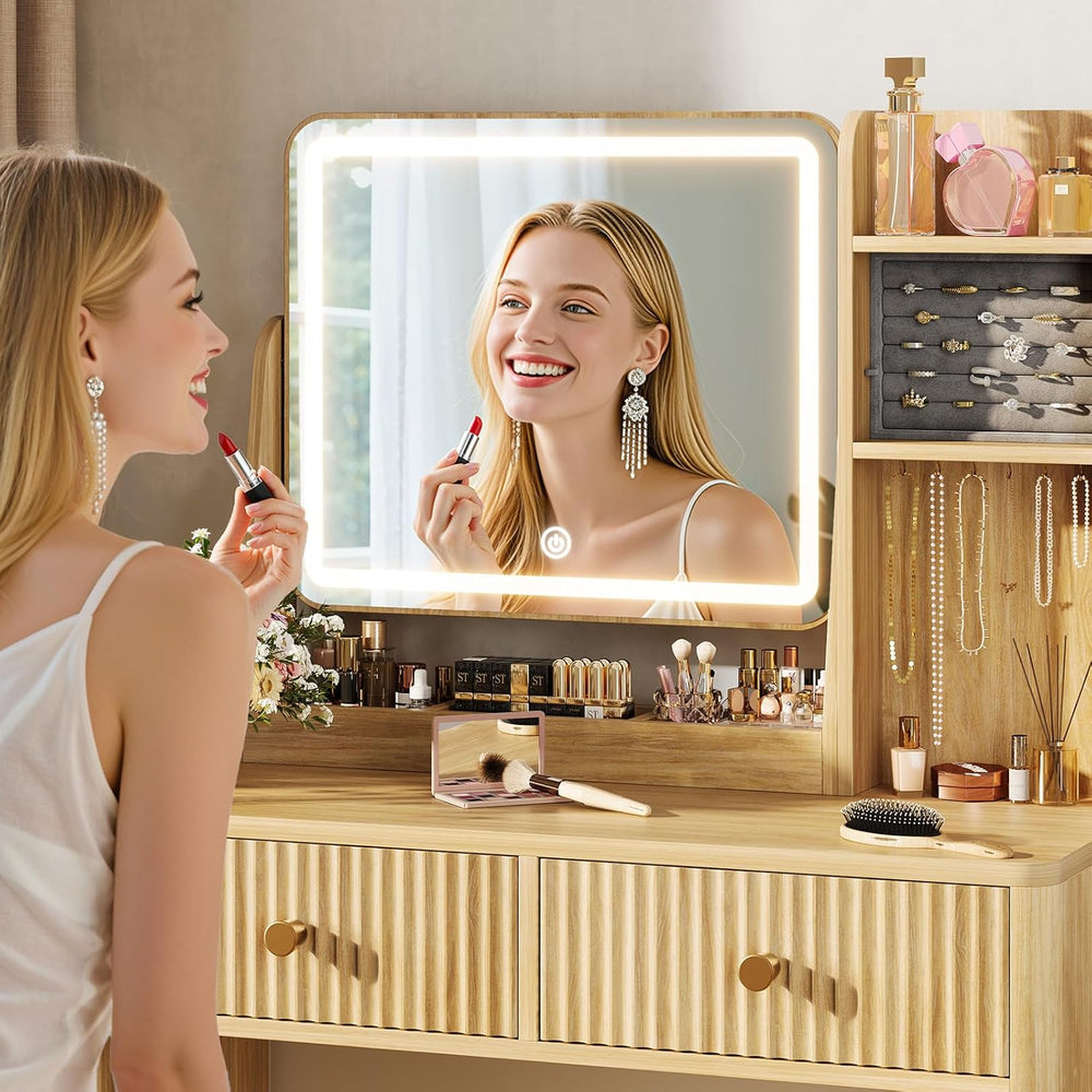 Memobarco Fluted Makeup Vanity Desk with Mirror and Lights | Small Vanity wit...