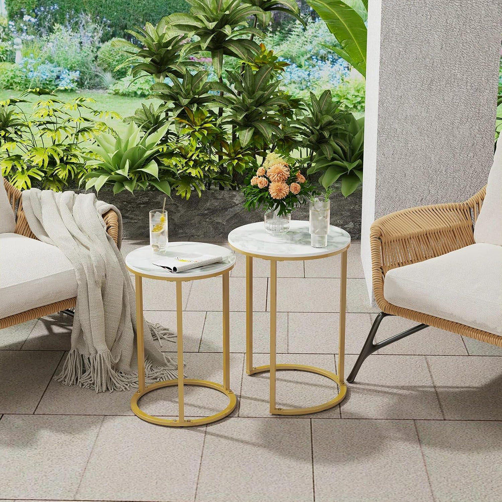 Set of 2 Modern Round Marble Metal Base Nesting Set Side Accent Table Living ...