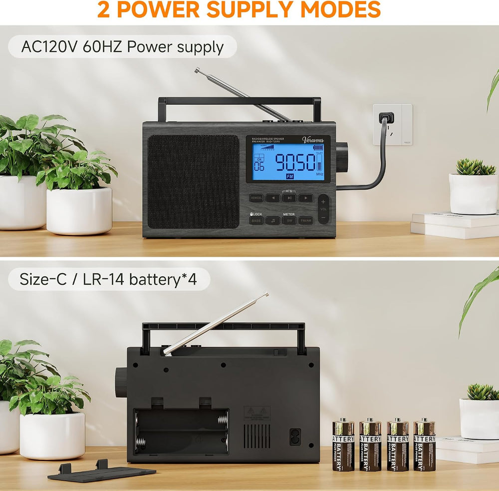 Portable Bluetooth AM FM Shortwave Radio AC & Battery Powered