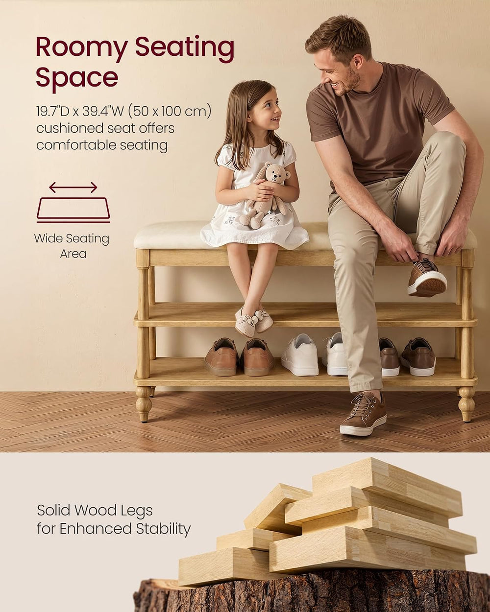 VASAGLE Mariel Collection - Shoe Bench, Wooden Entryway Bench with Padded Sea...