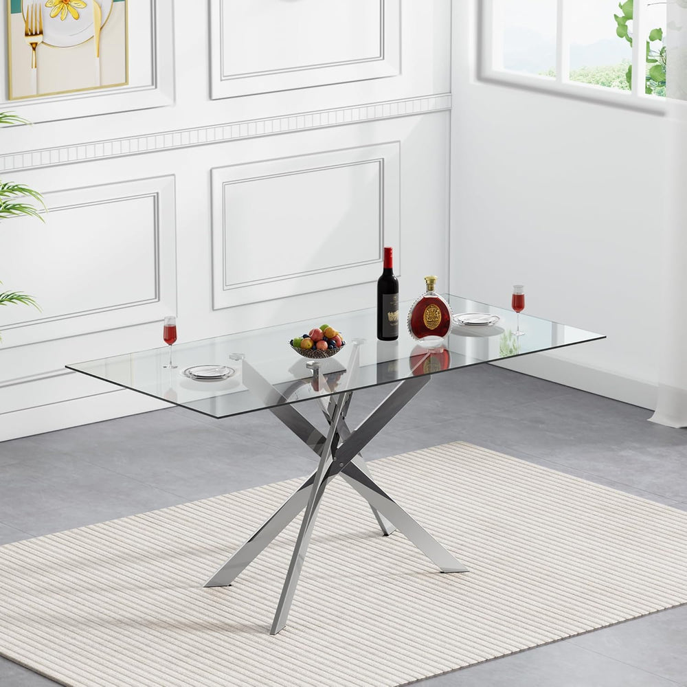 Modern Glass Dining Table Set for 6, Glass Silver Kitchen Table and Chairs Se...
