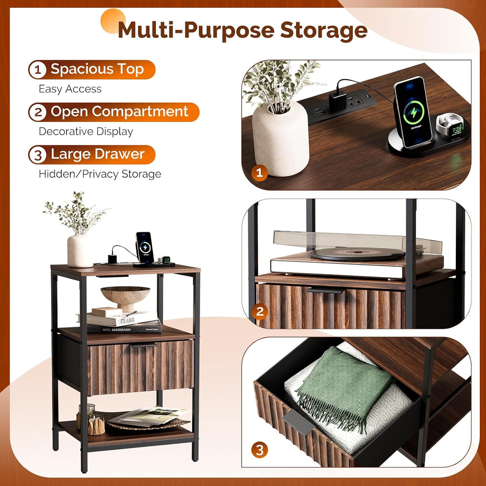 Bonnlo Fluted Nightstand Set of 2, End Table with Fabric Drawer with Charging...