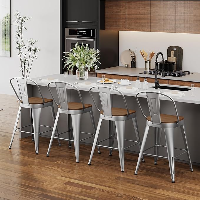 Andeworld Metal Bar Stools Set of 4, 26 inch Counter Height Barstools with Ba...