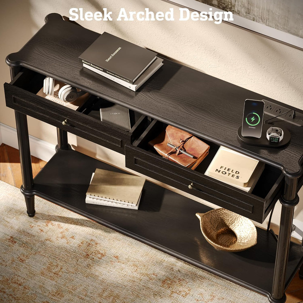 Solid Wood Console Table for Entryway with Charging Station, 2 Drawers | Retr...