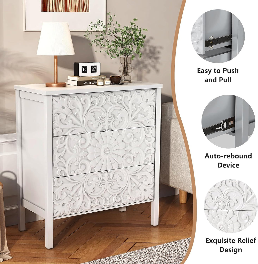3-Drawer Dresser Chest, Modern Wooden Flower Motif Dressers with Wide Storage...
