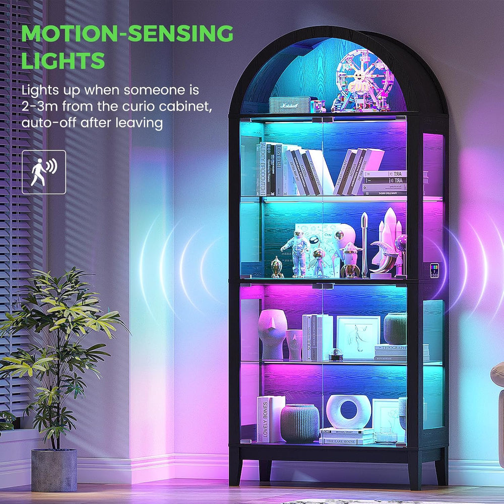 HNEBC Arched Display Case with RGB Lights, 69" Tall 5-Tier Tempered Glas...