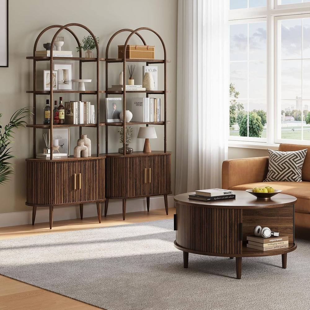 Airynee 71" Tall Arched Bookshelf with Sliding Doors, Mid Century Modern...
