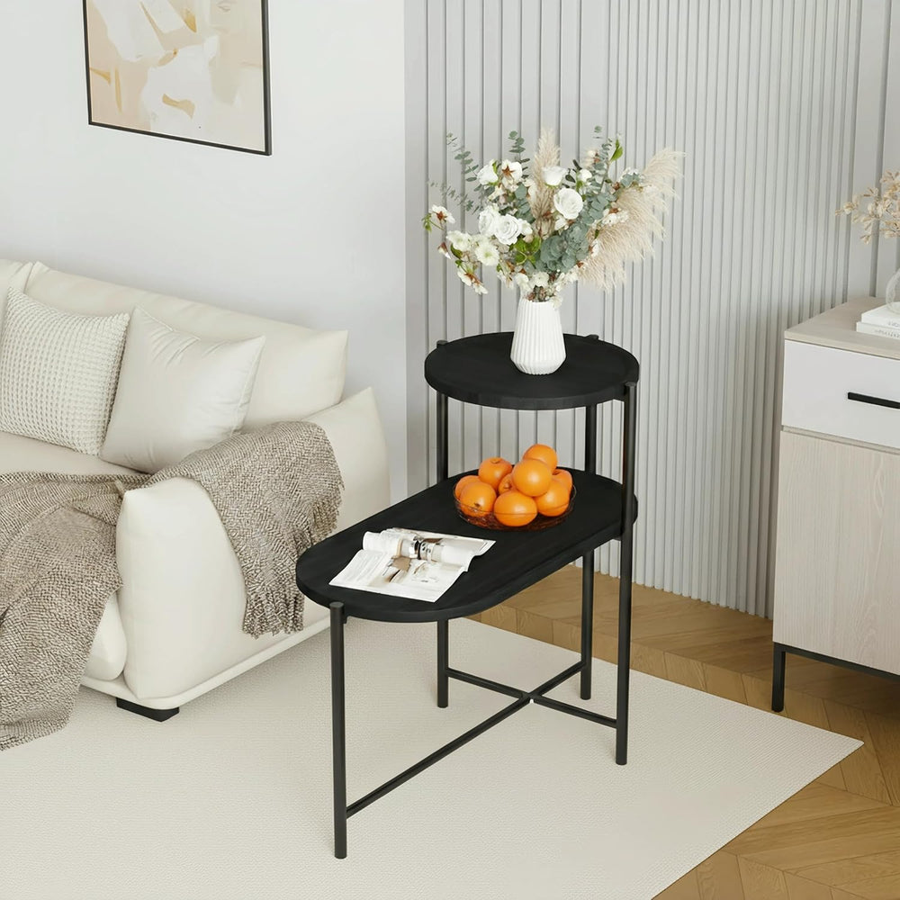 2 Tier Oval Side Table, Modern X-Leg End Table with Round Storage Tray, Black...