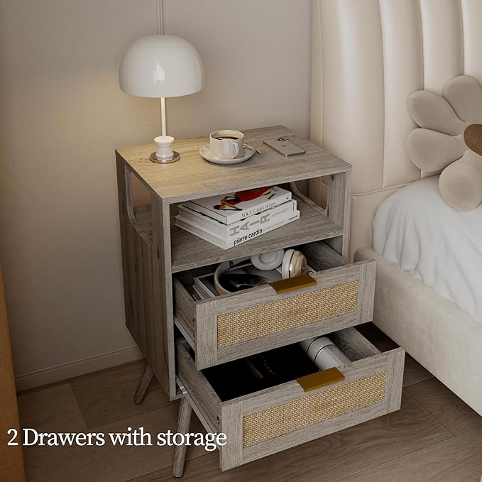Rattan Nightstand,Farmhouse Bedside Table with 2 Storage Drawer and Open Wood...