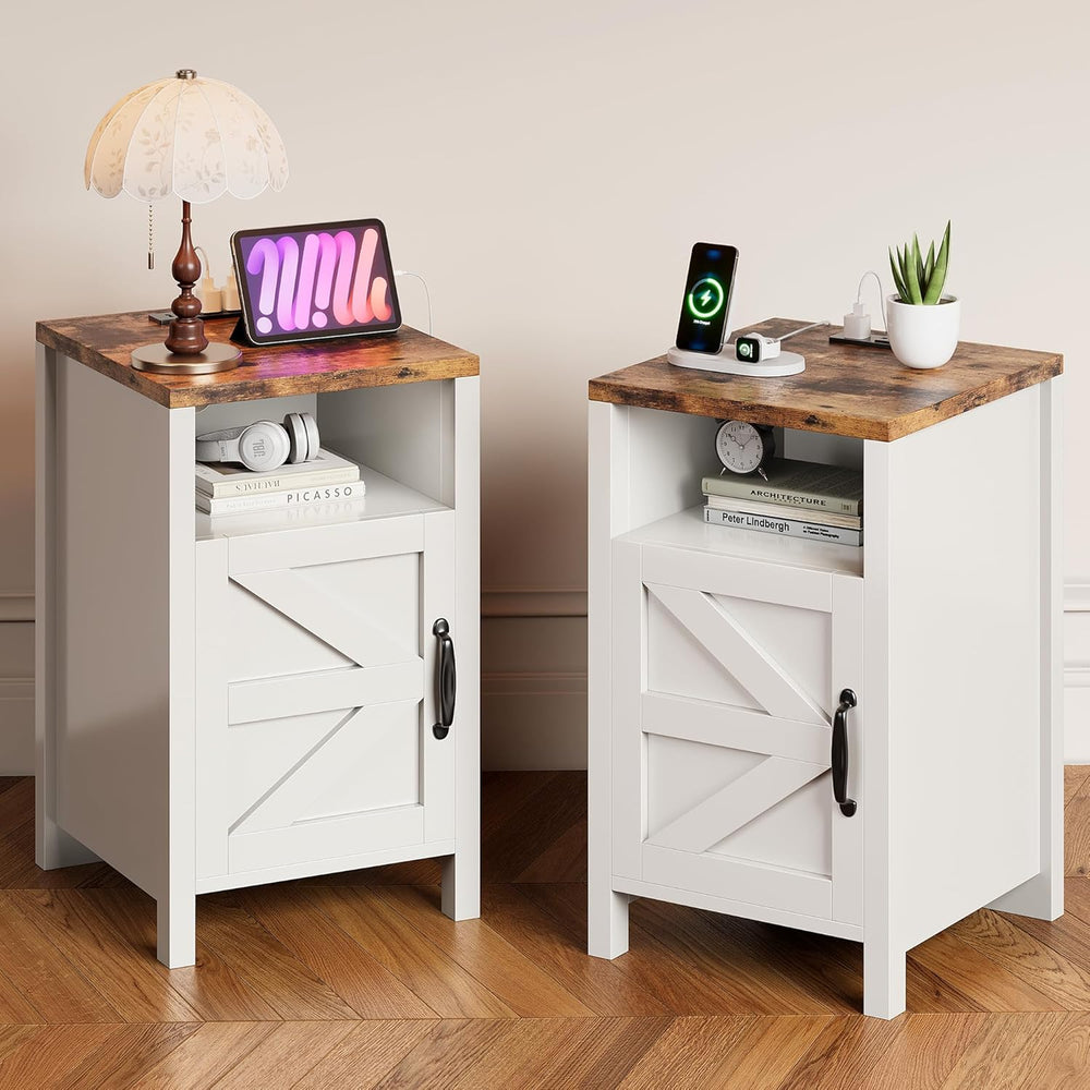 MXV Farmhouse Nightstands with Charging Station, End Tables Set of 2 with Bar...