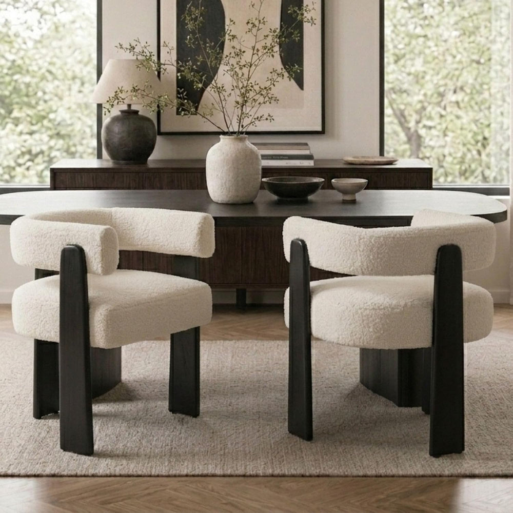 Hyfirm Modern Boho Dining Chairs Set of 2, White Boucle Upholstered Barrel Ar...