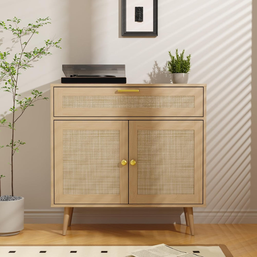 Furnify Rattan Sideboard Buffet, Boho Kitchen Cabinet with Drawer & 2 Doo...