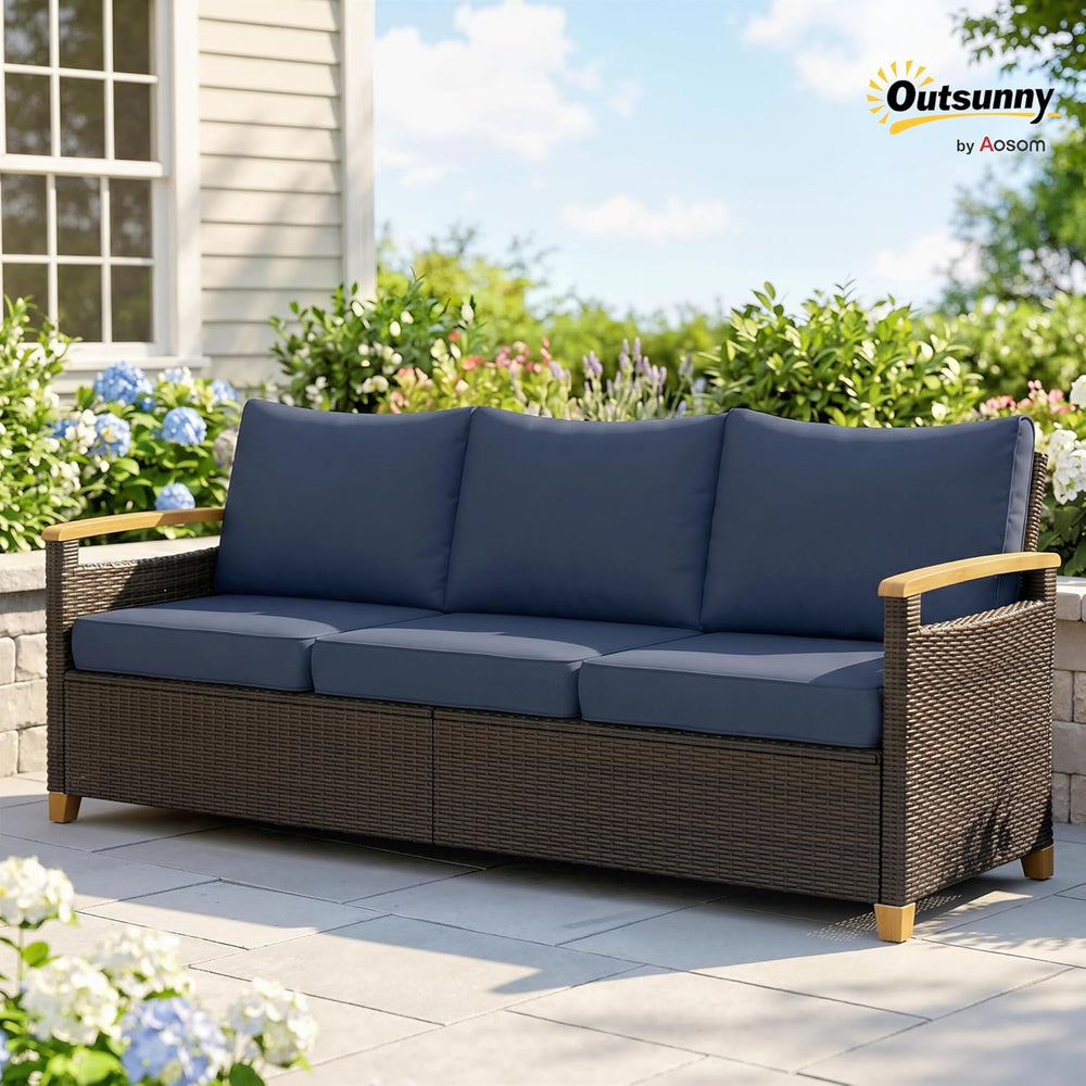 Outsunny 3 Seater Outdoor Couch Sofa, PE Wicker Patio Couch with Wide Deep Se...
