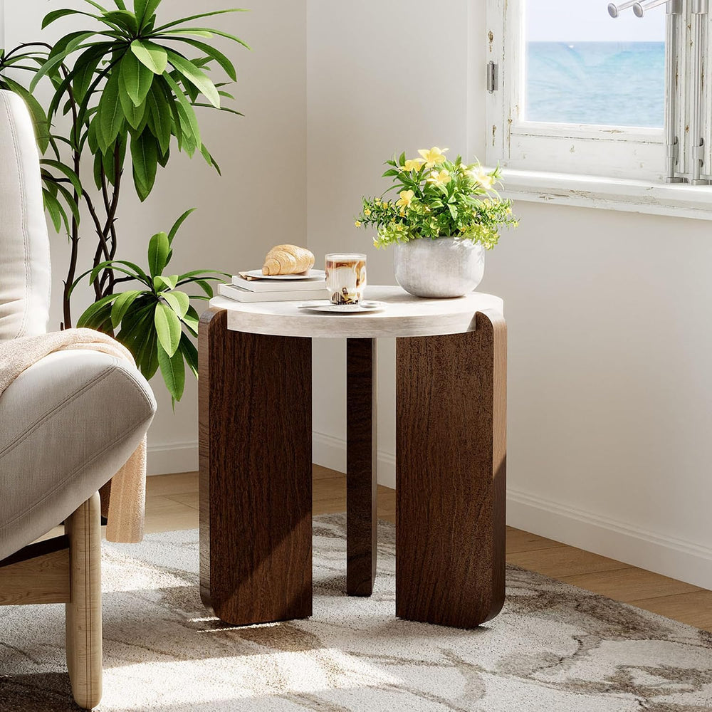 COSIEST Small Round Side Table, Modern 3-Leg Accent End Table with Faux Marbl...