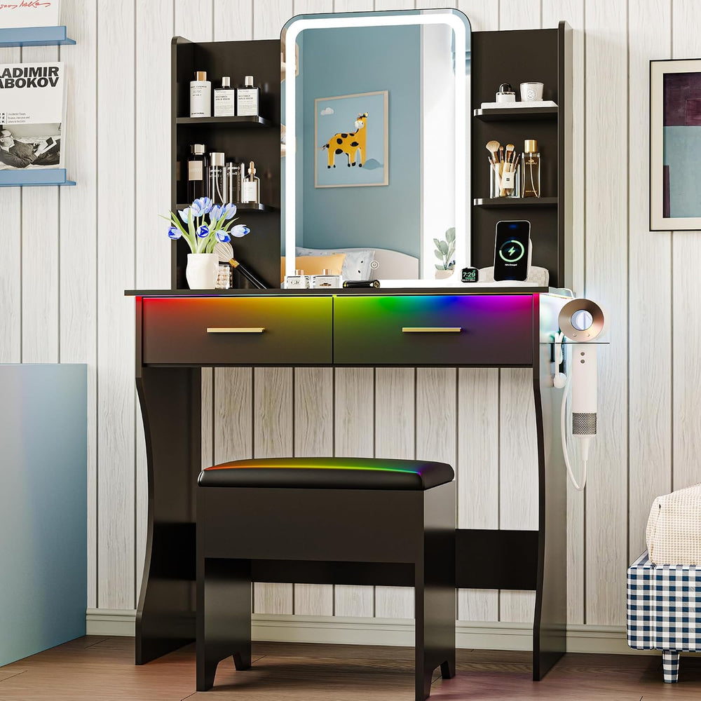 Vanity Desk with LED Lights Mirror & Power Outlet, Small Makeup Vanity Ta...