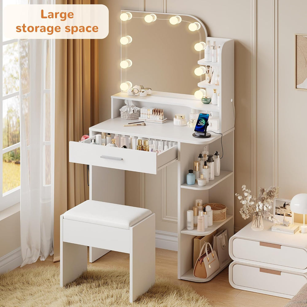 wanan Small Vanity, Set with Chair, Big Mirror & Lights, for Girls, White...
