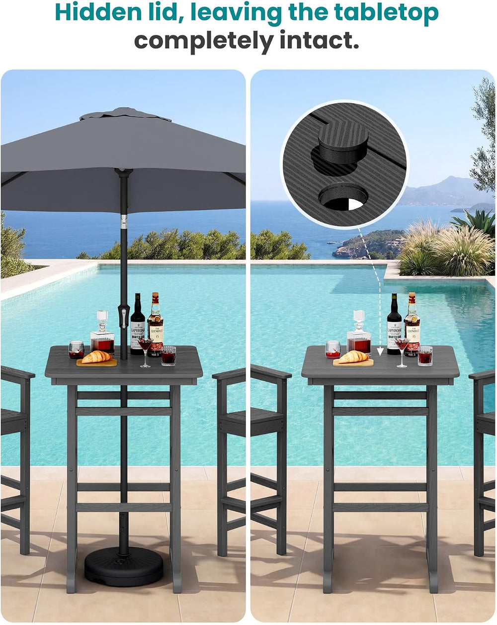 SERWALL 3 Pcs HDPE Bar Height Adirondack Chairs and Bar Table Set, Grey