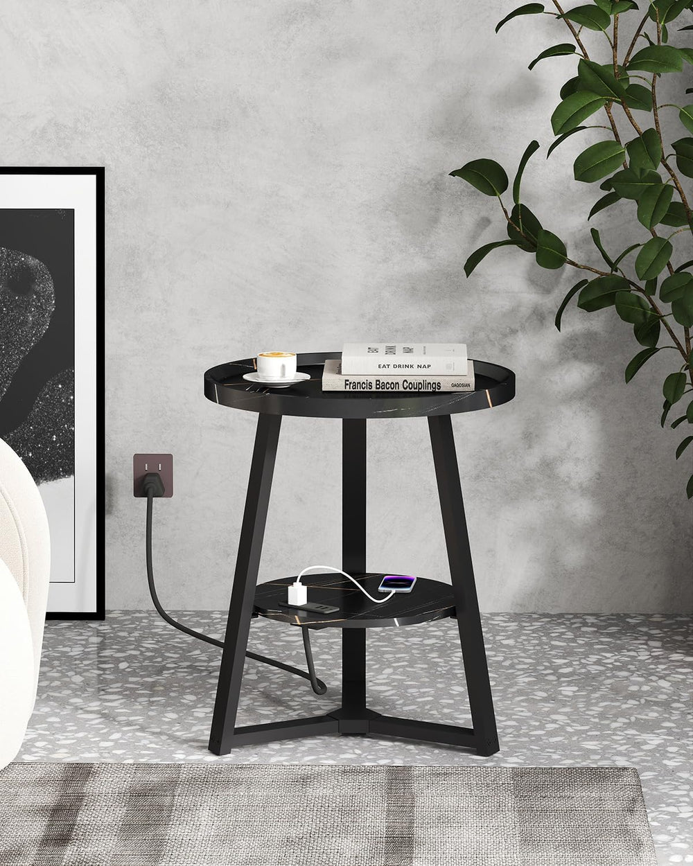 KJGKK Round End Table with Charging Station, 19.7" Dia x 23.63" H, ...