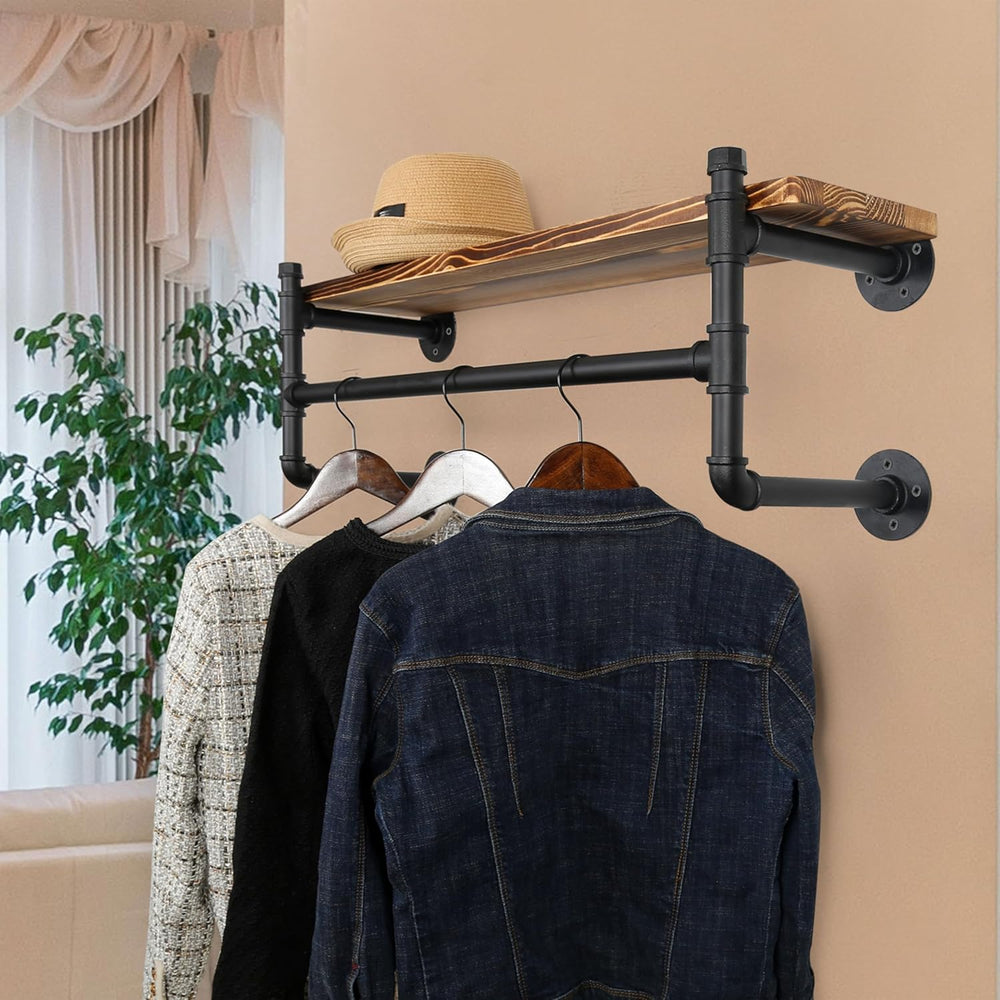 WEBI Wall Mounted Clothes Rack with Shelf,32" Industrial Pipe Clothing R...