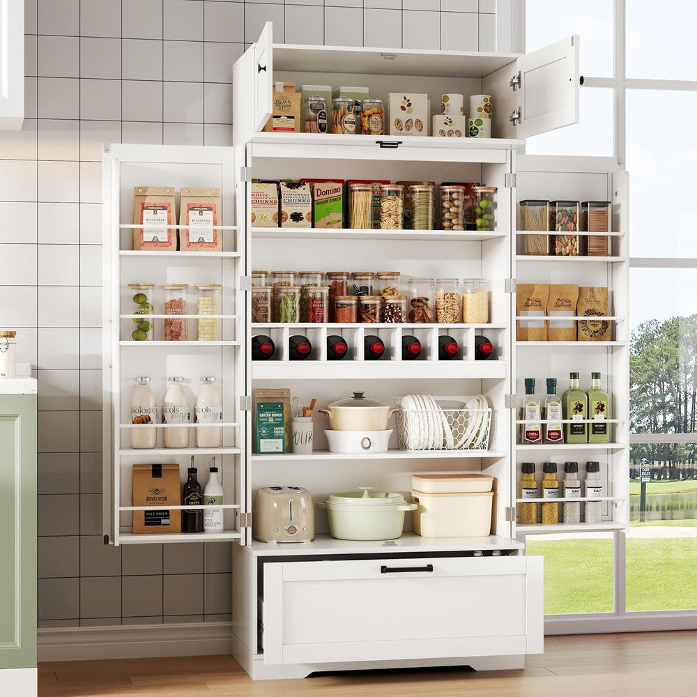 Tall Kitchen Pantry Cabinet, 72" Freestanding Storage Cupboard with Wine...