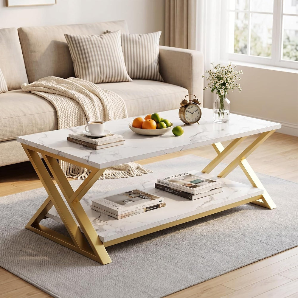Coffee Table 2-Tier Gold Tables for Living Room,Center Table with Storage