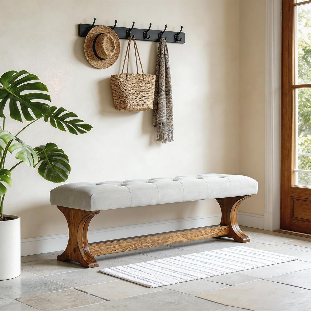 LITTLE TREE 55" Upholstered End of Bed Bench, Solid Wood Tufted Entryway...