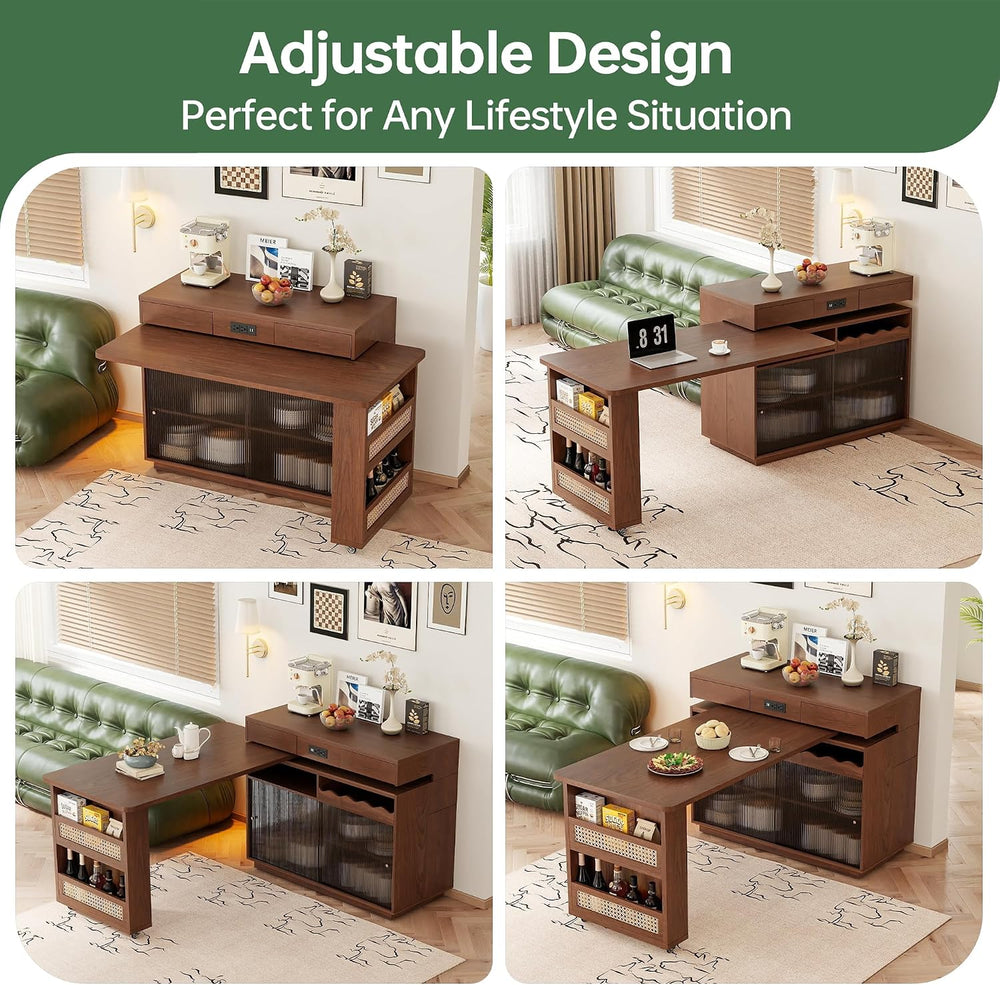 47" Expandable Mobile Kitchen Island with Power Outlet, 180° Sliding Tab...