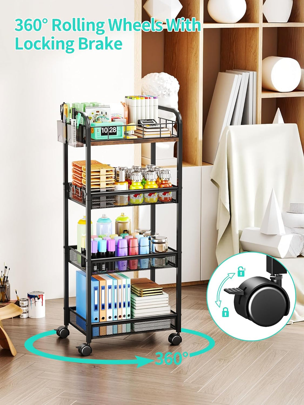 HapiRm 4 Tier Metal Rolling Cart- Utility Storage Cart with Locking Wheels | ...
