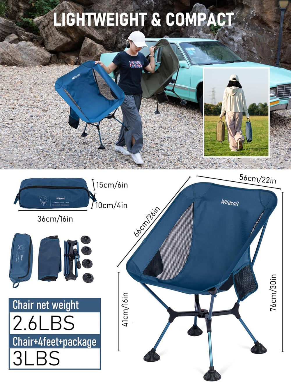 WildCall Lightweight Folding Camping Chair Quick Setup Frame Beach Chair Comp...