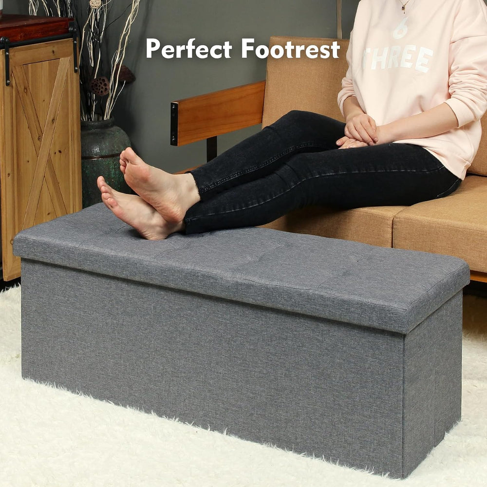 PINPLUS Folding Storage Ottoman Bench, Grey Linen | Linen Storage Chest with ...