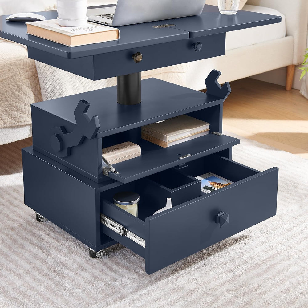 Virubi Adjustable Height Flip-Top Side Table with 2 Drawers & Charging St...