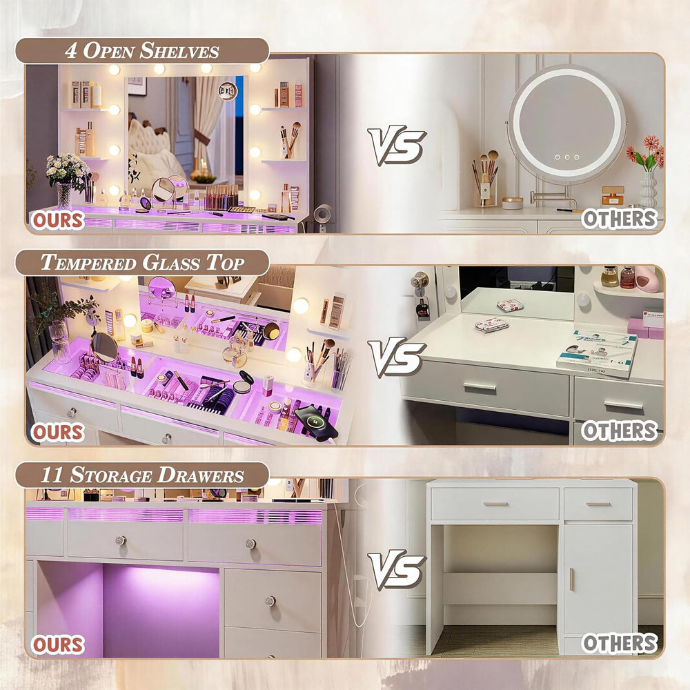 Makeup Vanity Glass Top, White Vanity Desk, Dressing Table, 23.5" Mirror...