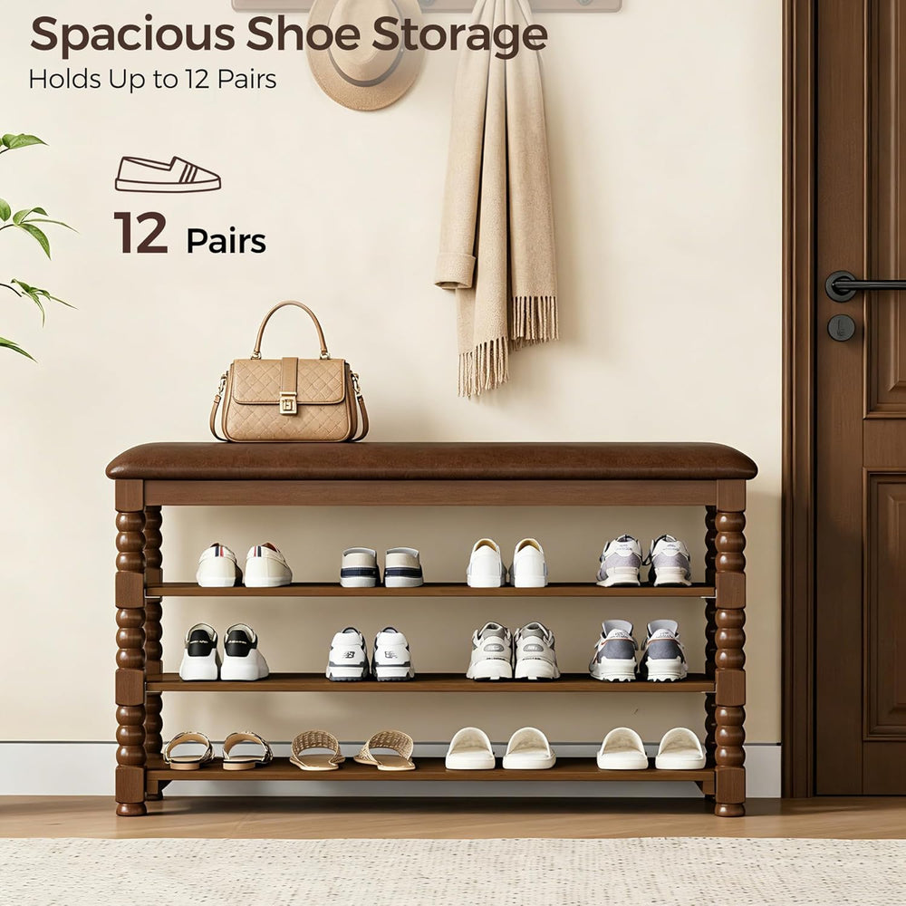 Homleke Solid Wood Shoe Storage Bench with Cushion,Classic Turned Ball Legs |...