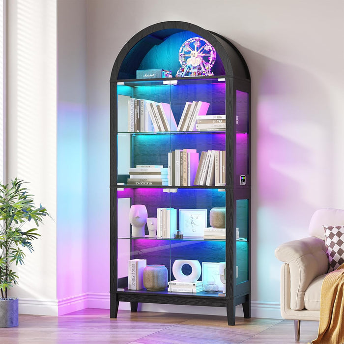 HNEBC Arched Display Case with RGB Lights, 69" Tall 5-Tier Tempered Glass Display Cabinet with Doors, LED Curio Cabinet with Shelf, Bookcase with Music-Synced Lighting for Living Room (Black)