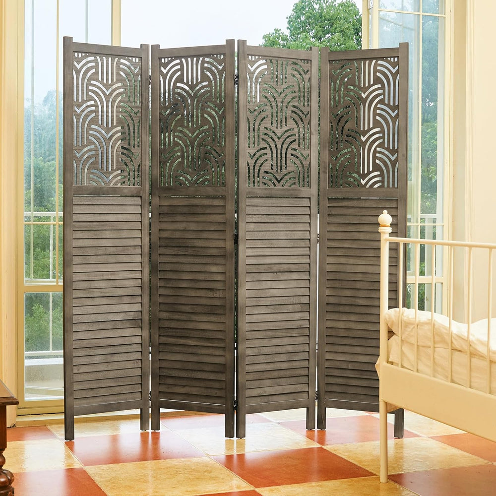 Svimi Folding Room Divider, 66.9 Inch 4 Panels Wood Carved Privacy Screens, F...